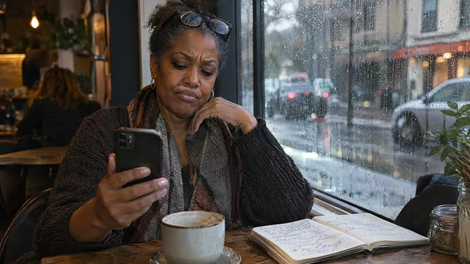 A woman at a café window reads on her phone with a skeptical look, a notebook of circled handwritten notes beside her coffee