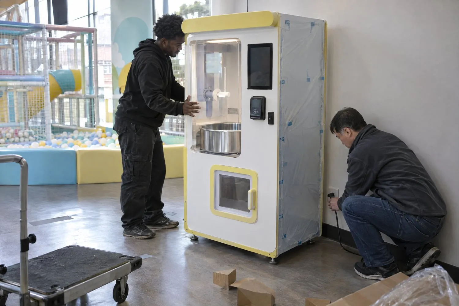 Two installers ease a new cotton candy vending kiosk against a lobby wall, one plugging it into the outlet