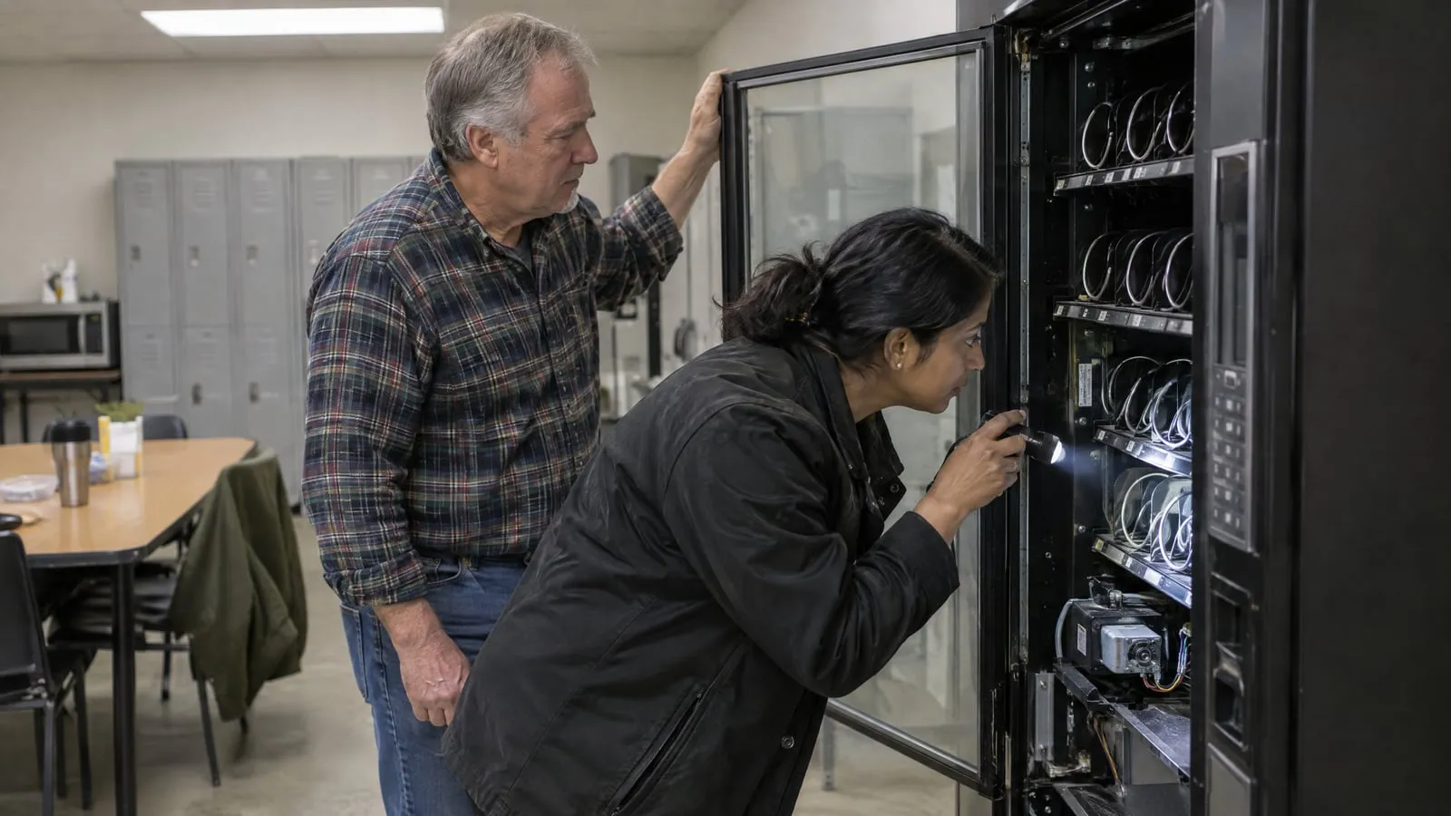 A route seller holds open an older snack machine while a prospective buyer inspects its coils with a flashlight