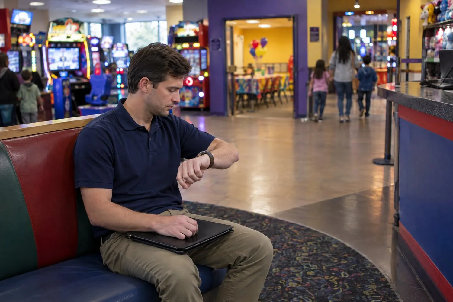 A man waits on a bench in a family entertainment center lobby, folder on his lap, checking his watch before a pitch