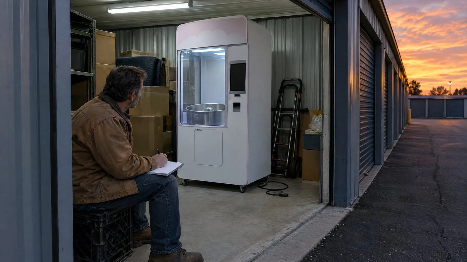 A man sits on a crate in a storage unit doorway at dusk, notebook on his knee, facing an unplaced cotton candy vending kiosk