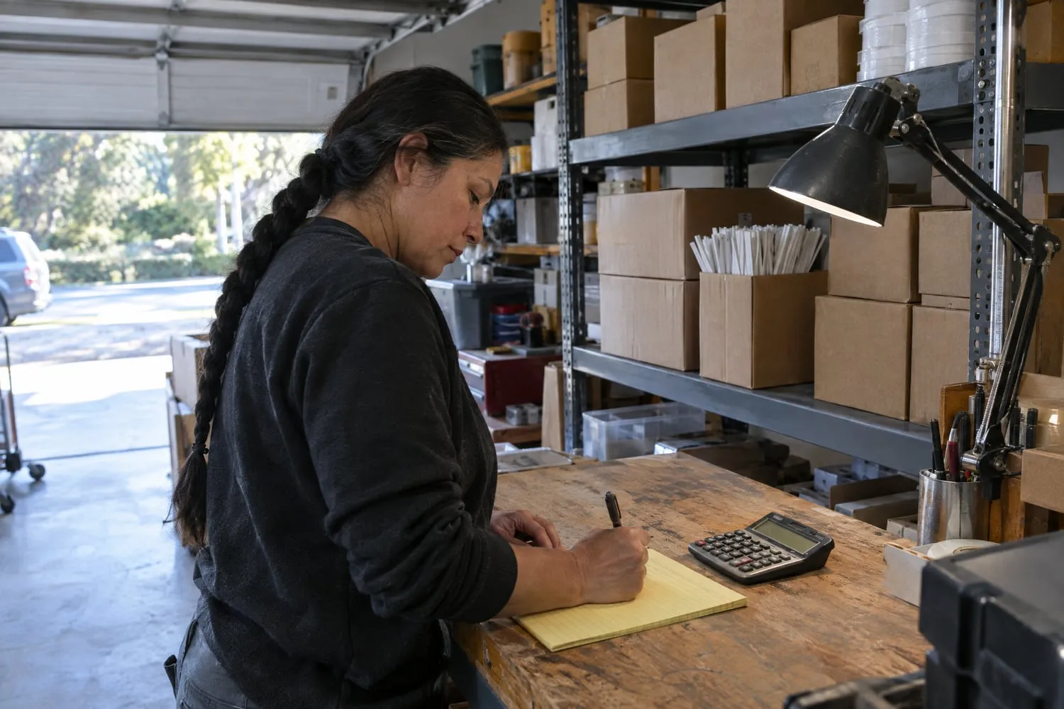 A woman works through figures with a calculator and legal pad at a garage workbench beside shelves of supplies