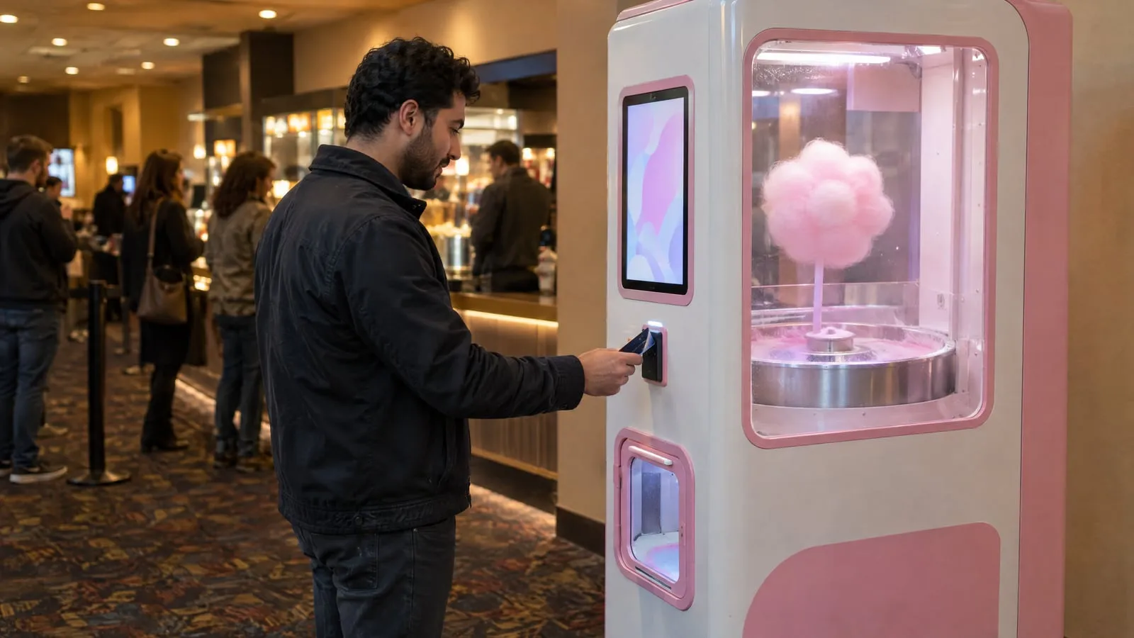 A man taps a card on a cotton candy vending kiosk in a theater lobby as a flower-shaped treat spins behind the glass
