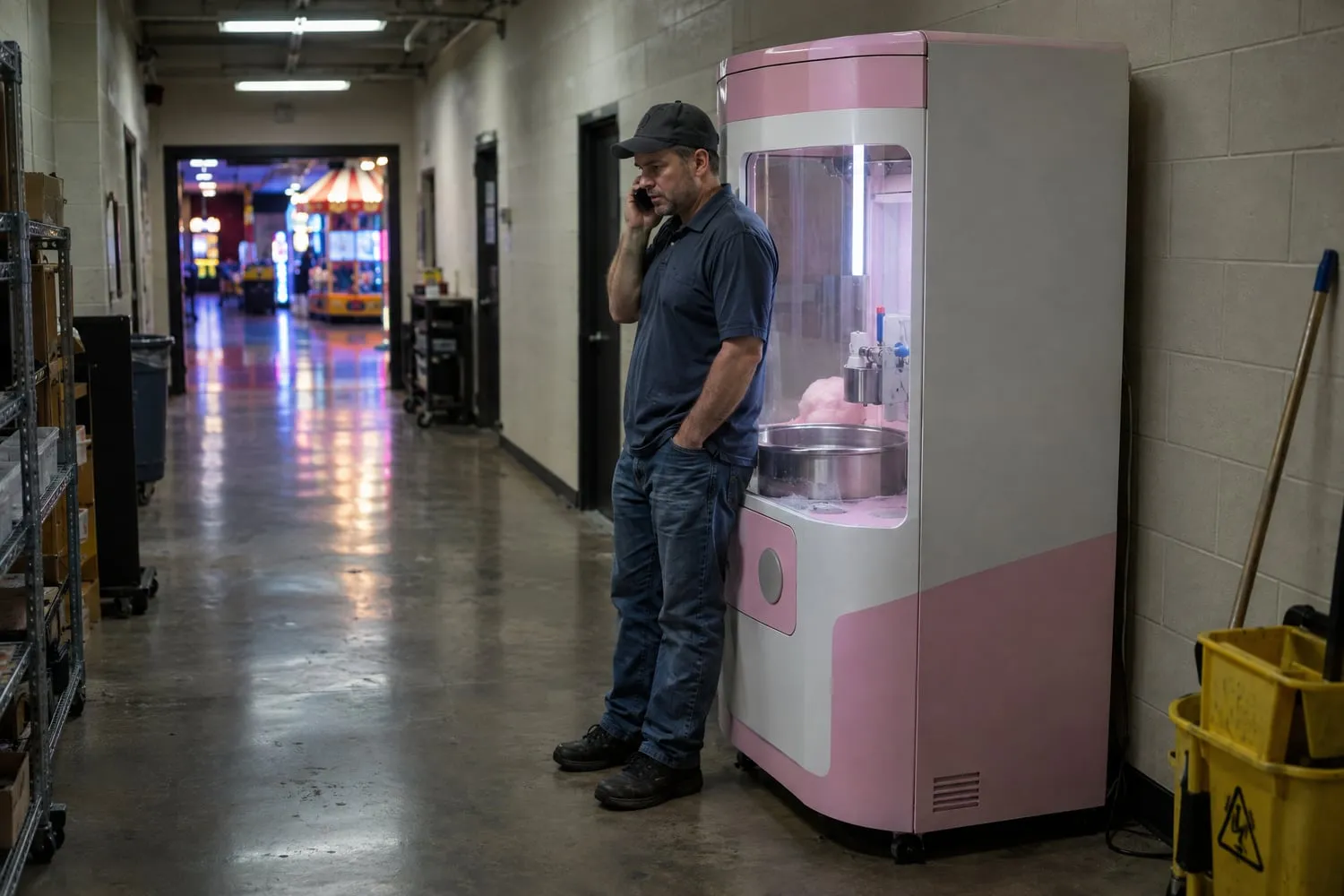 An operator on the phone stands beside his cotton candy kiosk after it was moved to a quiet back corridor